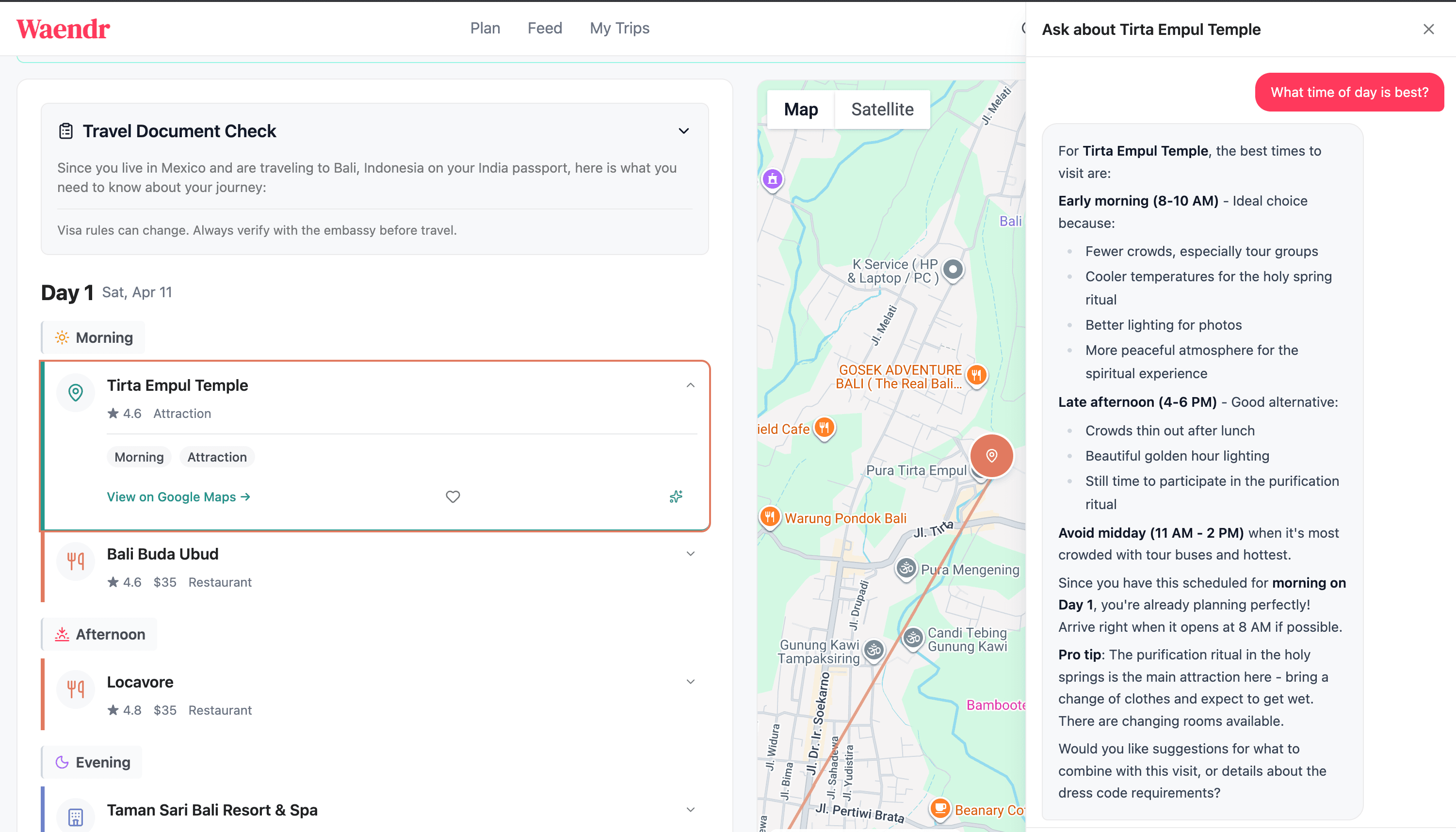 Ask Waendr — contextual chat assistant showing trip-aware answers