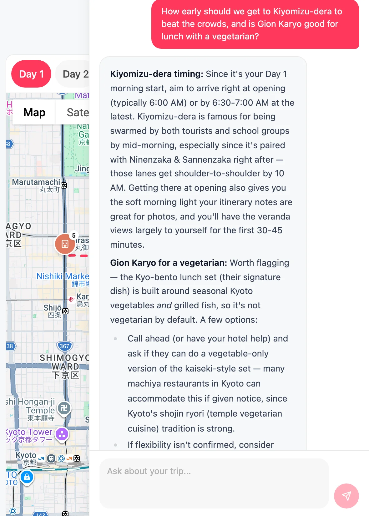 Ask Waendr: contextual chat assistant showing trip-aware answers