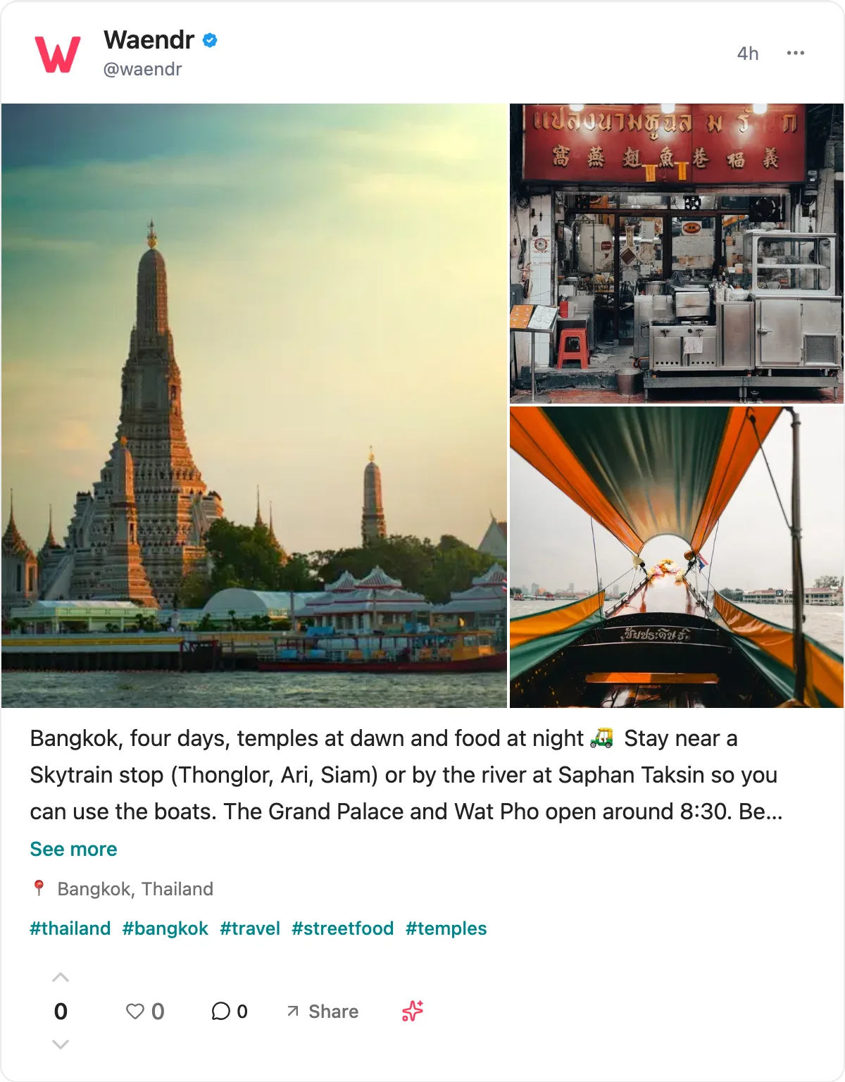 Waendr post: Bangkok, four days, temples at dawn and food at night: Wat Arun, Yaowarat stall, long-tail boat