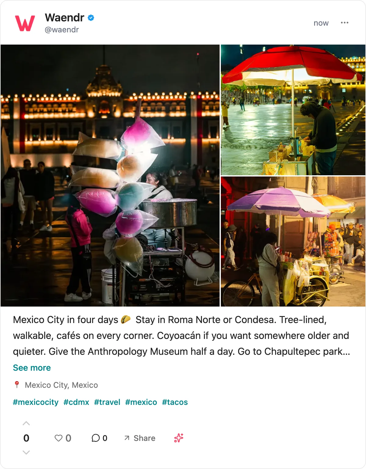 Waendr post: Mexico City in four days: the Zócalo at night, tacos al pastor, street food stalls
