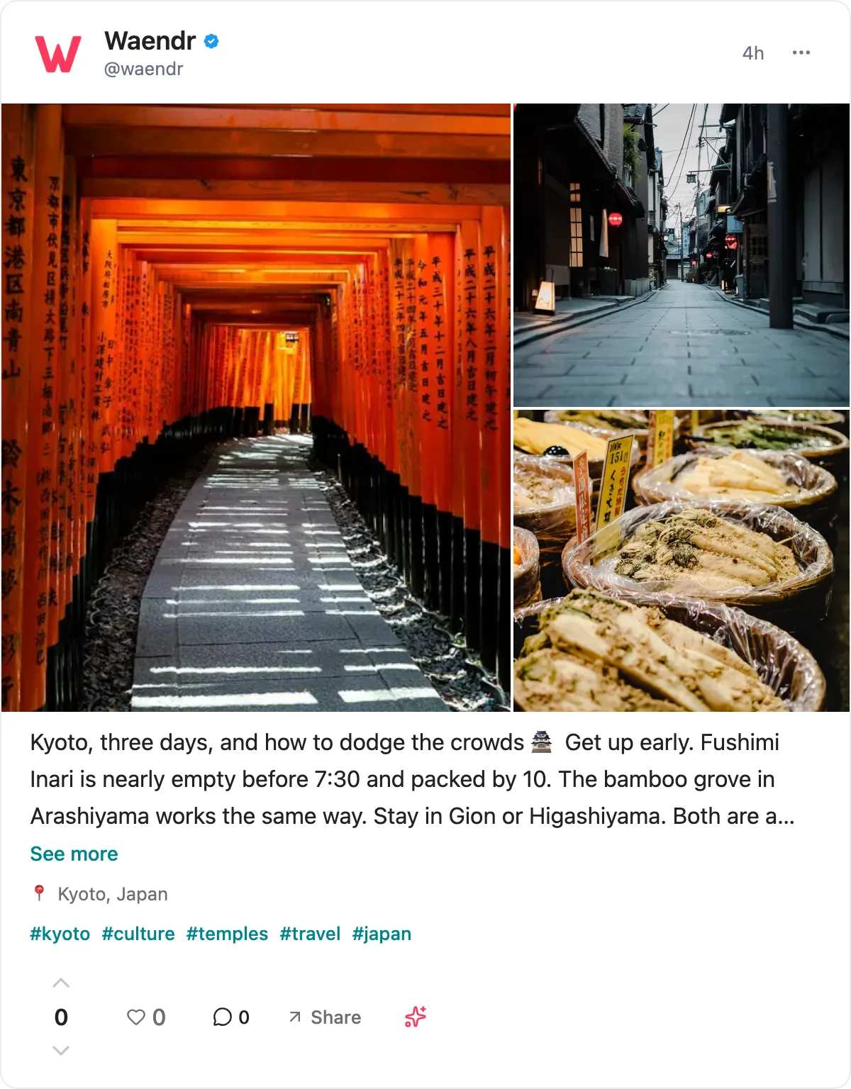 Waendr post: Kyoto, three days, and how to dodge the crowds: Fushimi Inari torii path, Gion lane, Nishiki Market